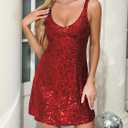 Trancylight Women's Glitter Sequin Dress Spaghetti Strap V Neck Party Cocktail Sparkly Mini Dress Clubwear (Red, L)