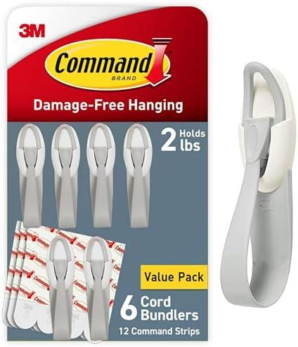 Command Cord Bundlers, Damage-Free Hanging Cord Organizer, No Tools Cord Bundler for Hanging Electrical Cables of Christmas Decorations, 6 Gray Cord Bundlers and 12 Command Strips | Cord Organizer, No Tools, Cord Bundler, 6 psc