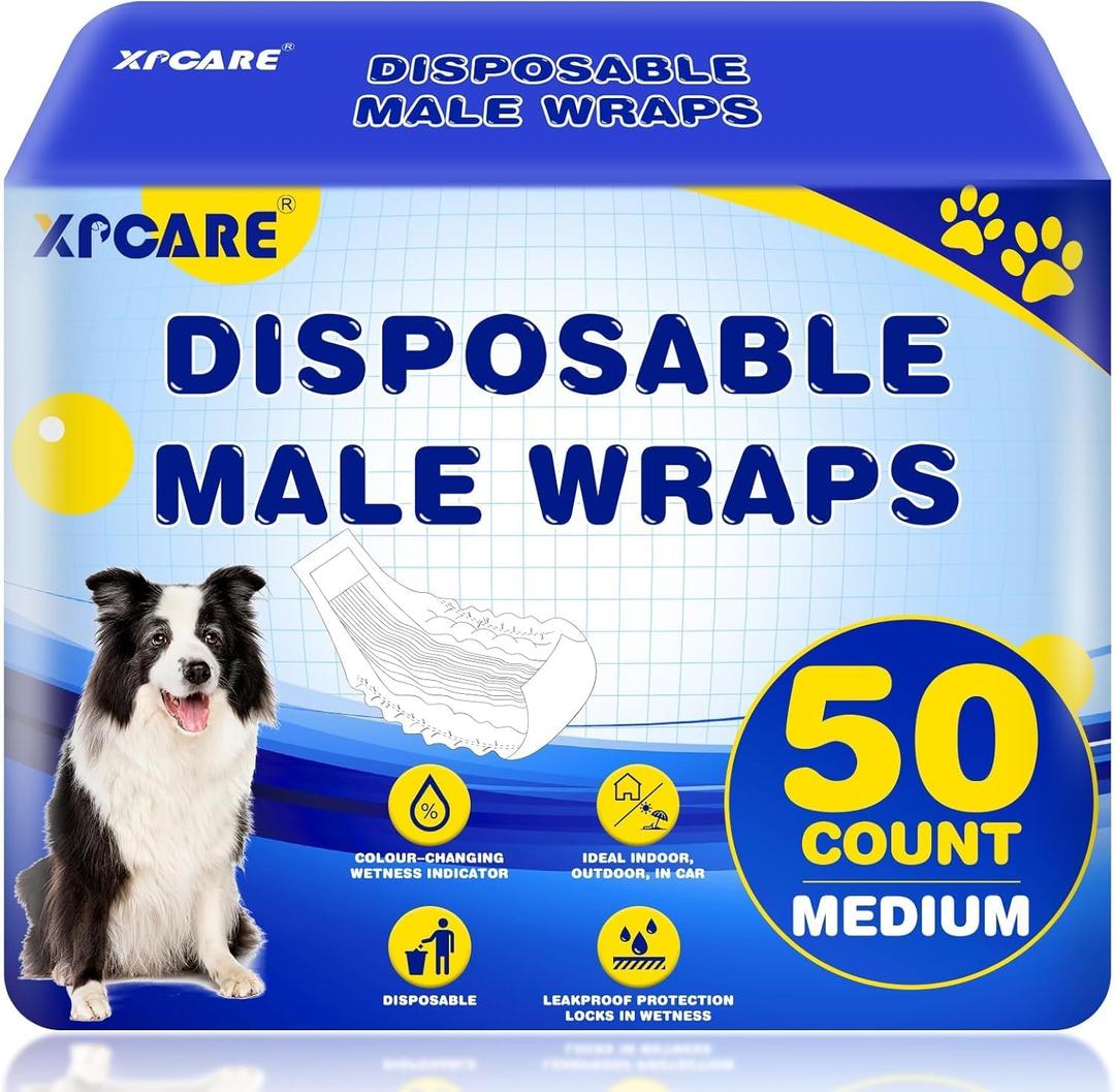 XPCARE 50 Count Disposable Male Dog Diapers, Male Dog Wraps,Super Absorbent Leak-Proof Fit (Medium)