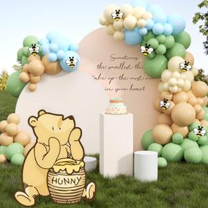 Classic Winnie Bear Baby Shower Birthday Decorations Cutout Large, Neutral Pooh Bear Coroplast Cutout Prop with Stand Balloons Bee Stickers for Winnie Gender Reveal First Birthday Photo Props