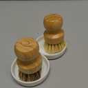 Bamboo Brush Dish Scrubber Clean Pan and Vegetable, Natural Bristles Palm Pot Brush 2 Pack Round Mini Dish Brush with 2 Ceramic Dish for Kitchen Sink Cleaning