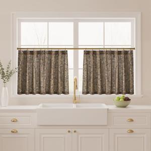 StangH Pinch Pleat Cafe Curtains 36 Inch Long Floral Printed Half Window Treatment Linen Tier Curtains Light Filtering Privacy Drapes for Cabinet/Kitchen/Bathroom,Khaki,26Wx36L,2 Panels