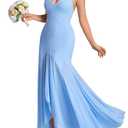 HTZMO Women Formal Sexy V Neck Halter Tie Maxi Dress Bodycon Flowy Wedding Guest Cocktail Elegant Long Dresses Blue L (Blue, L)