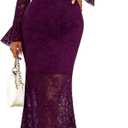 Elegant Women's 2025 Bell Long Sleeve Lace Maxi Dress Sexy Square Neck Fall Bodycon Mesh Wedding Guest Cocktail (Purple), Small
