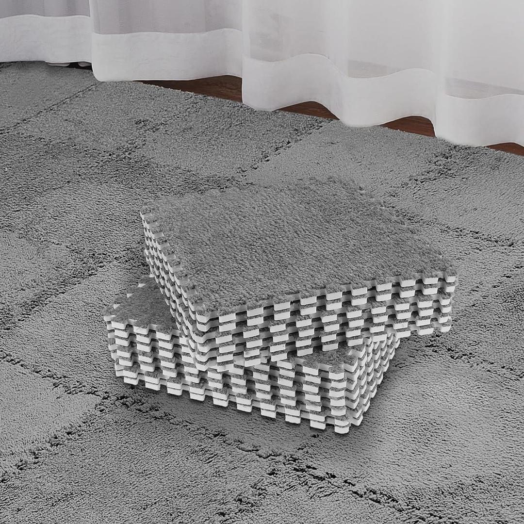 Amylove 36 Pcs Plush Foam Floor Mat Square Interlocking Carpet Tiles with Border Fluffy Play Mat Floor Tiles Soft Climbing Area Rugs for Home Playroom, 12 x 12 x 0.4 Inch (Gray) (Grey)