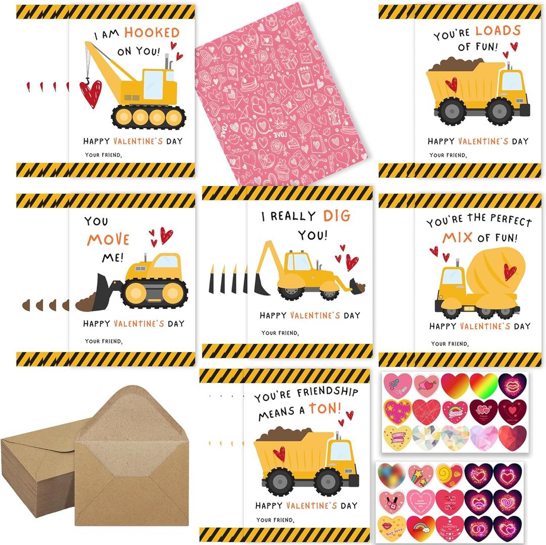 Construction Valentines Day Cards for Kids 30 PCS Cute Funny 4.7 * 3.6 Inch School Classroom Exchange Greeting Boys Girls Gift with Envelopes & Heart Stickers (Truck) (Yellow, Black, Red)