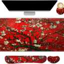 ARTSO Large Gaming Mouse Pad, Keyboard Wrist Rest Pad & Wrist Support Mousepad Set, Stitched Edge, Extended, Non-Slip Base, Memory Foam Desk Mat 4pcs for Office & Home, Red Van Gogh Painting