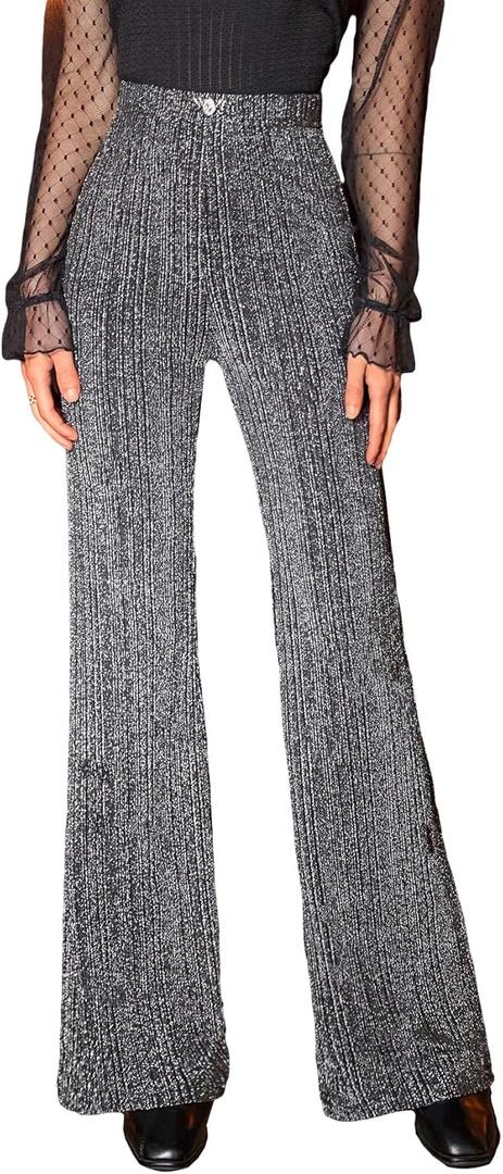 Floerns Women's Sequin High Waist Flare Leg Pants Bell Bottom Club Trousers (Jet Black), S