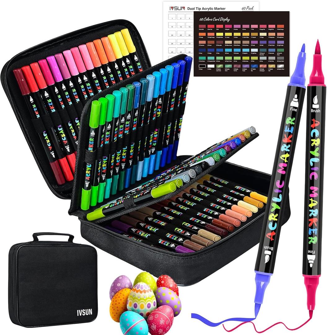 IVSUN Acrylic Paint Pens, 60 Colors Dual Tip Paint Markers with Fine Tip and Brush Tip for Stone, Wood, Canvas, Calligraphy, Ceramic, Metal, Glass, Rock Painting, DIY Crafts Art Supplies Kit