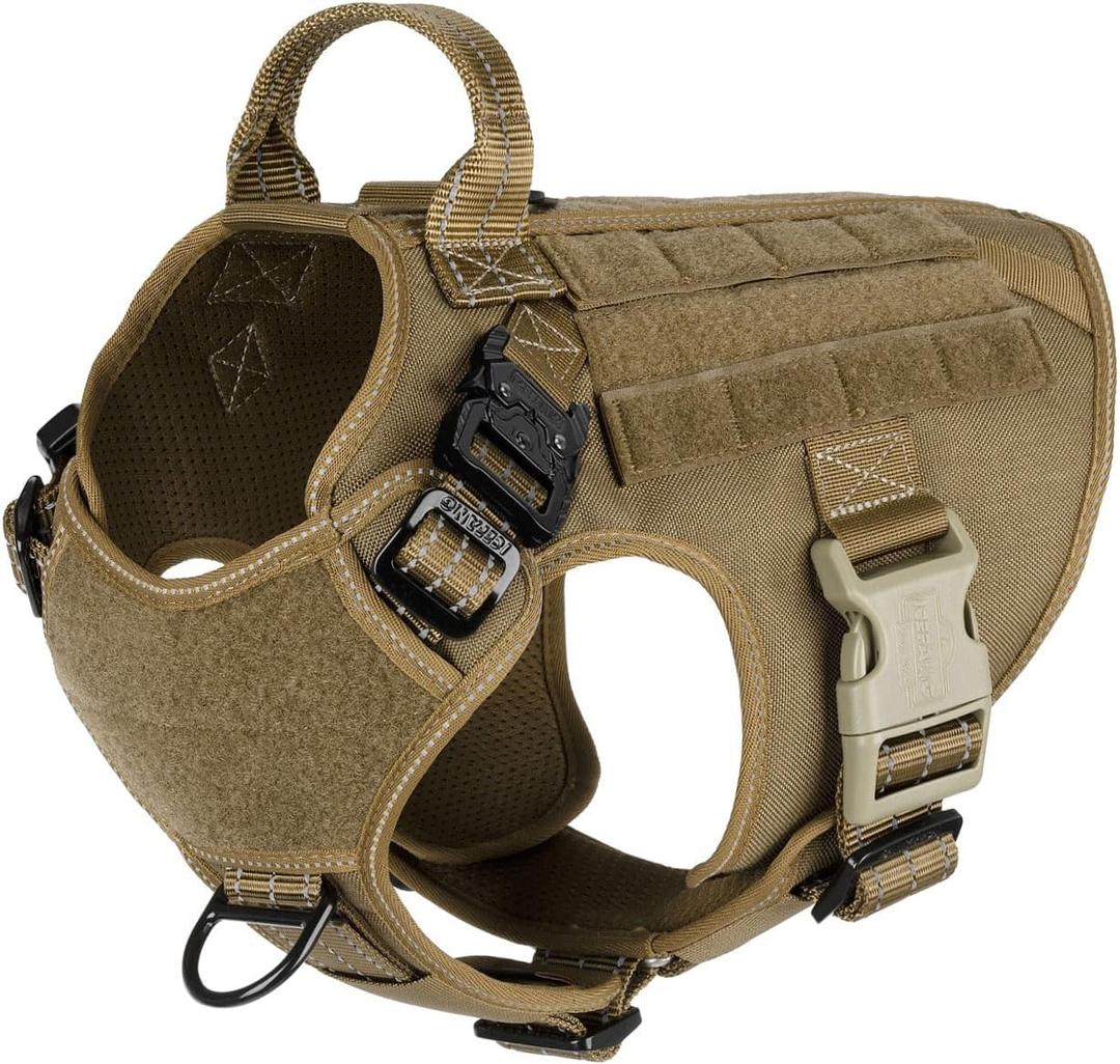 Tactical Dog Harness, Medium Size,2X Metal Buckle,Working Dog MOLLE Vest with Handle,No Pulling Front Leash Clip,Hook and Loop Panel (Brown,M (Pack of 1))