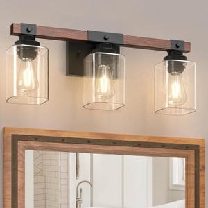 Amico 3-Light Bathroom Vanity Light Fixtures, Rustic Industrial Painted Wood Farmhouse Light fixtures, Vintage Black Wall Sconces Bathroom Vanity Lighting with Clear Glass Shade