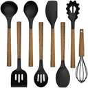 Silicone Cooking Utensil Set, Umite Chef 8-Piece Kitchen Utensils Set with Natural Acacia Wooden Handles,Food-Grade-Silicone Kitchen Gadgets Spatulas Set for Nonstick Cookware- Black
