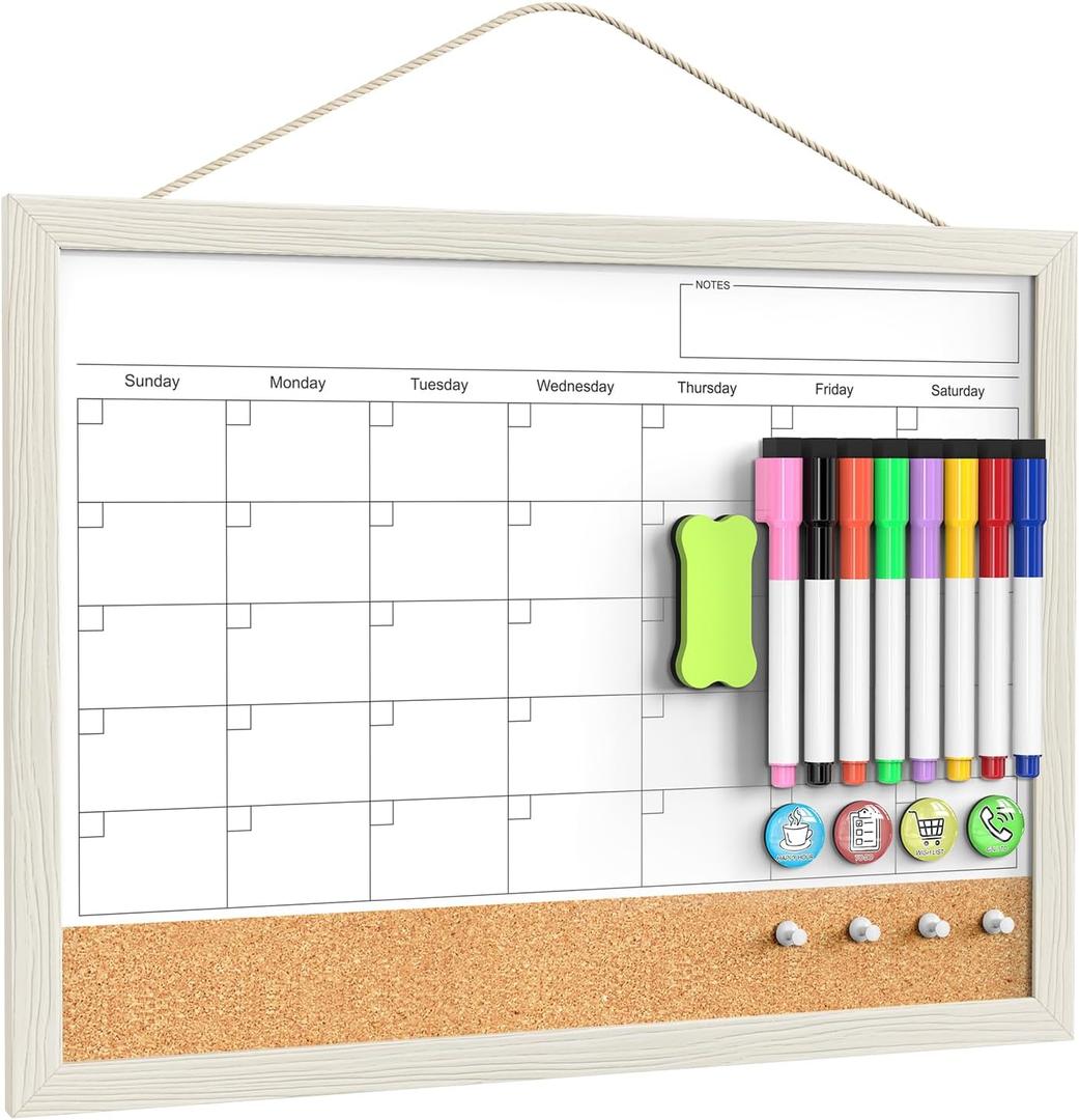 Calendar Whiteboard for Wall, TANKEE 17x13 Inches Whiteboard Calendar Cork Board Combo, Small Magnetic White Board with Wood Framed, Hanging Dry Erase Board for Kitchen Home Office School Planner