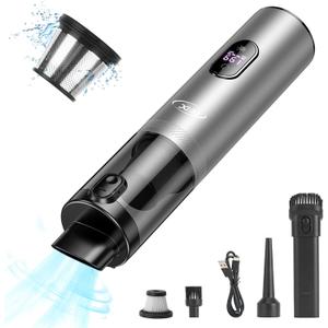 DEDC Car Vacuum Cleaner High Power, 15000Pa Cordless Vacuum Portable Rechargeable with LED Screen, Ultra-Lightweight Dust Buster with USB-C Charging, 2 Speeds, 4 in 1 Air Blower for Car, Home, Pet (Silvery)