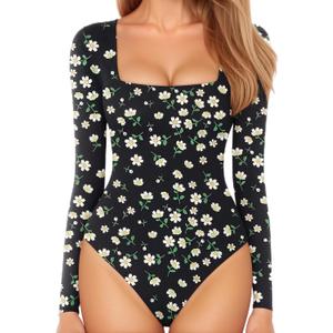 MANGOPOP Women's Square Neck Short Sleeve Long Sleeve Bodysuit Sexy Body Suits Shirt Slim Fitted Tops, X-Large
