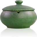Lependor Ceramic Ashtray with Lid, Windproof, Ash Holder for Smokers, Desktop Smoking Ash Tray for Home Office Decoration - Dark Green