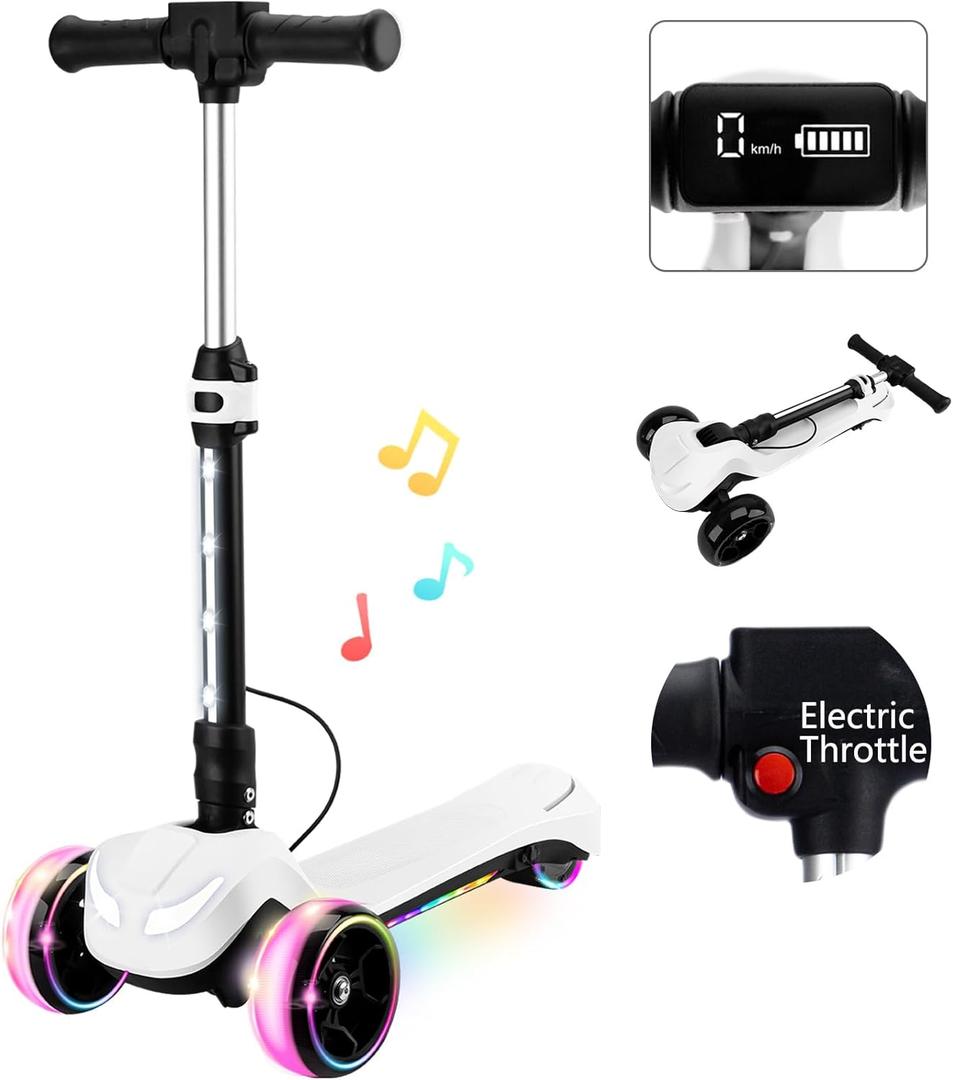 Electric Scooter for Kids w/150W Powerful Motor, Thumb Throttle, LCD Screen, Bluetooth, Light-Up Stem Deck & Wheel, 3 Adjustable Heights, 5MPH Safe Speed, 3 Wheel Electric Scooter for Kids, White