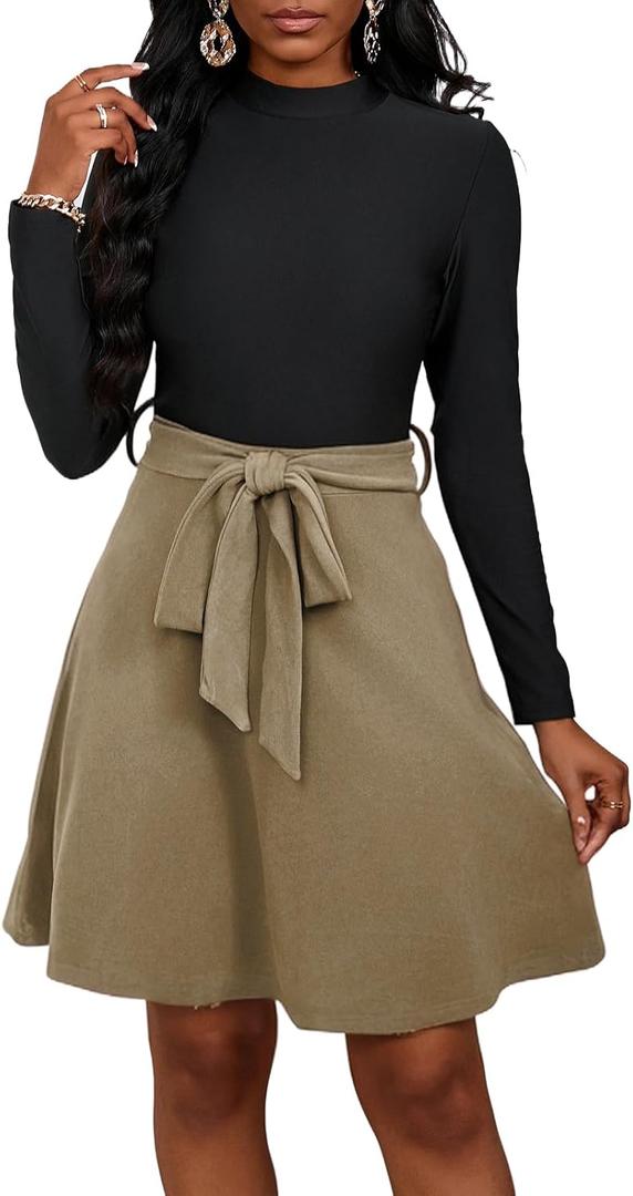 Womens Vintage Flared A-Line Swing Casual Party Dress Long Sleeve Midi Dresses, XXL