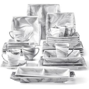 MALACASA Dinnerware Sets, 32 Pieces Porcelain Plates and Bowls Sets for 6, Marble Grey Dishes with Plates and Bowls, Cups and Saucers, Side Dish Plates, Square Dinner Set, Series Blance