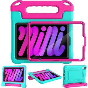 YIHE Kids Case for 8.3 inch iPad mini 7 (A17 Pro) 2024 & iPad mini 6 (A15) 2021, Shockproof Cases for iPad mini 7th/6th Generation with Built-in Screen Protector & Handle Stand, Cyan&Pink