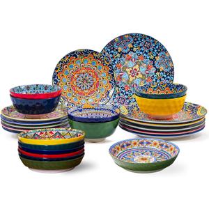 24 Pieces Dinnerware Sets, Ceramic Plates and Bowls Set, Microwave and Dishwasher Safe, Scratch Resistant, Bohemian Style Dishware Set, Service for 6
