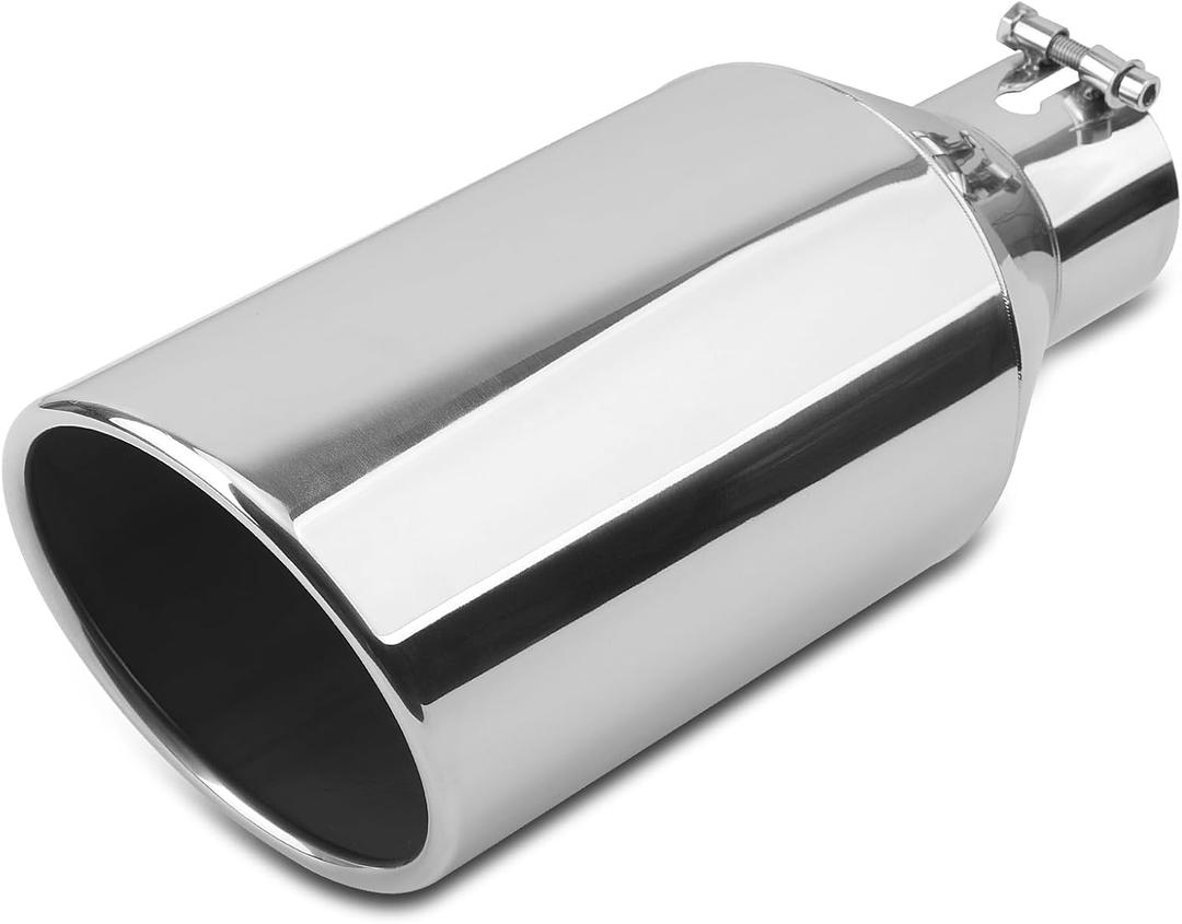 3 inch Inlet Exhaust Tip, 6" Outlet 15" Overall Length Stainless Steel Exhaust Tail Pipe, Bolt-On, Rolled Edge, Slant Sleek Angle Cut, Polished Tailpipe, Silvery