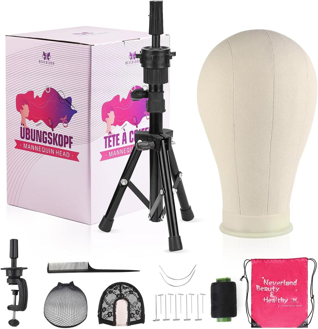 23 Inch Wig Head,Wig Stand Tripod with Head,Canvas Wig Head Stand with Mannequin Head for Wigs,Manikin Head Block Set for Wigs Making Display with Wig caps,T Pins Set,Bristle Brush