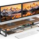 Dual Monitor Stand, 35.4 Inch Monitor Stand Riser for 2 Monitors, 2 Tiers Wood Desk Shelf with Storage, Desktop Organizer Stand for Computer, Laptop, Printer, TV (Black Walnut)