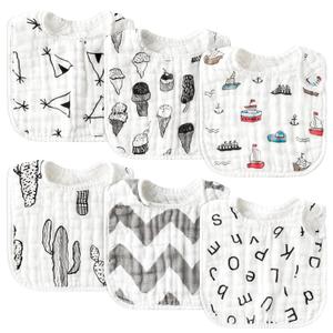 Zainpe 6Pcs Snap Muslin Cotton Baby Bibs Summer Ice Cream Pattern Infants Drool Bib Soft Absorbent Adjustable Burp Cloths Feeding Cloth for Newborns Girls Boys Toddlers Teething Eating 0 to 36 Months (Dark Gray)