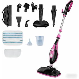 OLIXIS 10-in-1 Steam Mop, 1550W Detachable Handheld Steam Cleaner for Floor Cleaning, 16.4FT Cord, 2 Washable Pads, Multi-Purpose Floor Steamer for Hardwood, Carpet, Tile, Grout, Windows, Black Pink