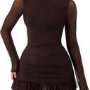 OZICERD Women Boat Neck Bodycon Mini Dresses Long Sleeve Going Out Dress Ruffle Mesh Short Elegant Club Cocktail Party Dress (Red, M)