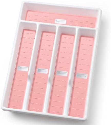 Silverware Organizer with Cutlery Icons, Silverware Tray for Kitchen Drawer, Flatware Tableware Cutlery Drawer Organizer Utensil Organizer with Non-slip TPR Linings, Pink Kitchen Organization Essentials
