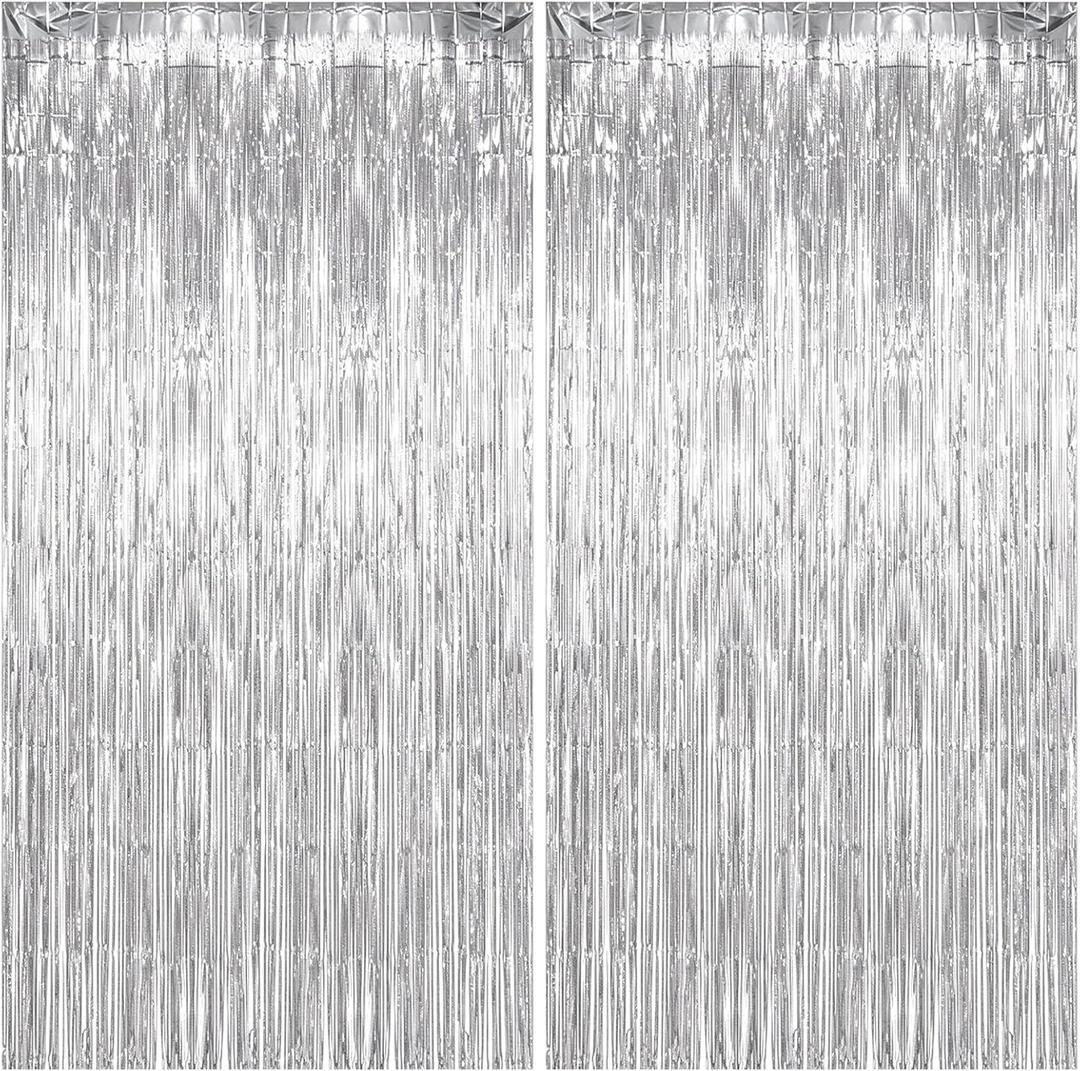 2 Pack Silver Foil Curtain Party Streamers Metallic Tinsel Foil Fringe Photo Booth Backdrop for Birthday Wedding Engagement Baby Shower Bachelorette Christmas Holiday Celebration Party Decorations