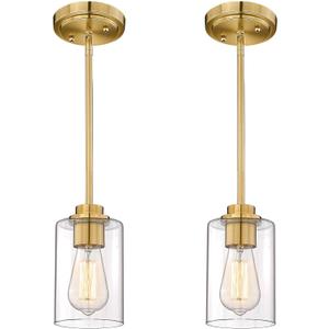 Brass Pendant Lights Kitchen Island 2 Pack, Farmhouse Gold Pendant Lighting with Clear Glass Shade, Mini Hanging Light Fixture for Kitchen Sink Dining, AD-22281-1P2-GD-C