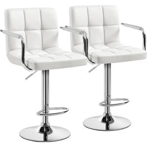 Yaheetech Bar Stools Set of 2, PU Leather Adjustable Swivel Barstools, Hydraulic Kitchen Counter Height Bar Chairs with Armrest and Back for Bar, Kitchen, Dining Room, White