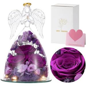 Emibele Mother's Day Angel Rose Gifts for Mom Grandma, Preserved Real Rose in Glass Angel Figurines, Eternal Flower Rose Gifts for Women on Birthday Valentines Anniversary Thanksgiving, Purple