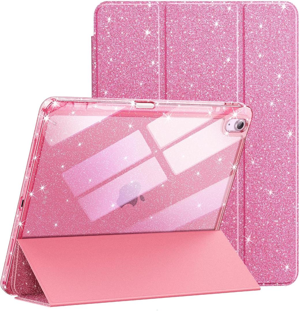JETech Glitter Case for iPad Air 11-Inch M4/M3/M2 (2026/2025/2024), iPad Air 5/4 (2022/2020 5th/4th) with Pencil Holder, Cute Sparkly Slim Cover for Kids and Girls, Shiny Clear Back Shell (Pink)