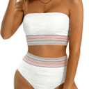 High Waisted Bandeau Bikini Set - Women Strapless Two Piece Swimsuits Ribbed Longline Full Coverage Bathing Suits Swimwear (Large, White)