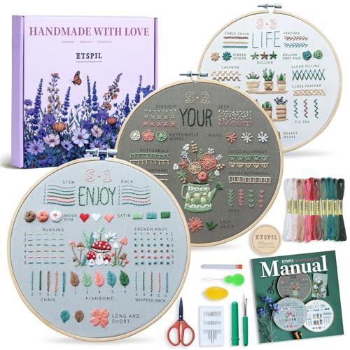 ETSPIL Embroidery Kit for Beginners, Easy Step-by-Step 4K Video Tutorials for Adults to Master 33 Core Stitches, Bound Guide & Magnetic Minder, Relaxing DIY Craft Hobby Gift for Women, 2 Pack