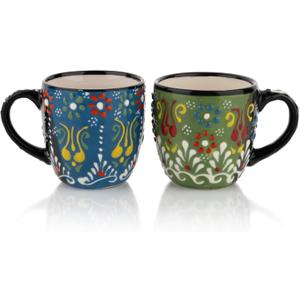 Espresso Cups Set of 2 | 4 oz Small Espresso Cups | Turkish Tea Cups | Demitasse Mugs with Handle | Modern Stackable Ceramic Espresso Mugs Set (Green/Blue)