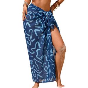 Herseas Women Sheer Sarong High Slit One Size Swimsuit Coverups 2026 Summer Floral Print Chiffon Wraps Beach Cover Up (Blue), P