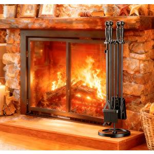 Fire Beauty Fireplace Tools Set 5 Pieces Wrought Iron Fire Place Pit Poker Holder 31" H (Black)
