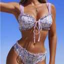 SweatyRocks Women's 2 Piece Swimsuits Frill Trim Tie Front Bathing Suit Wide Straps Floral Bikini Sets (Purple, L)