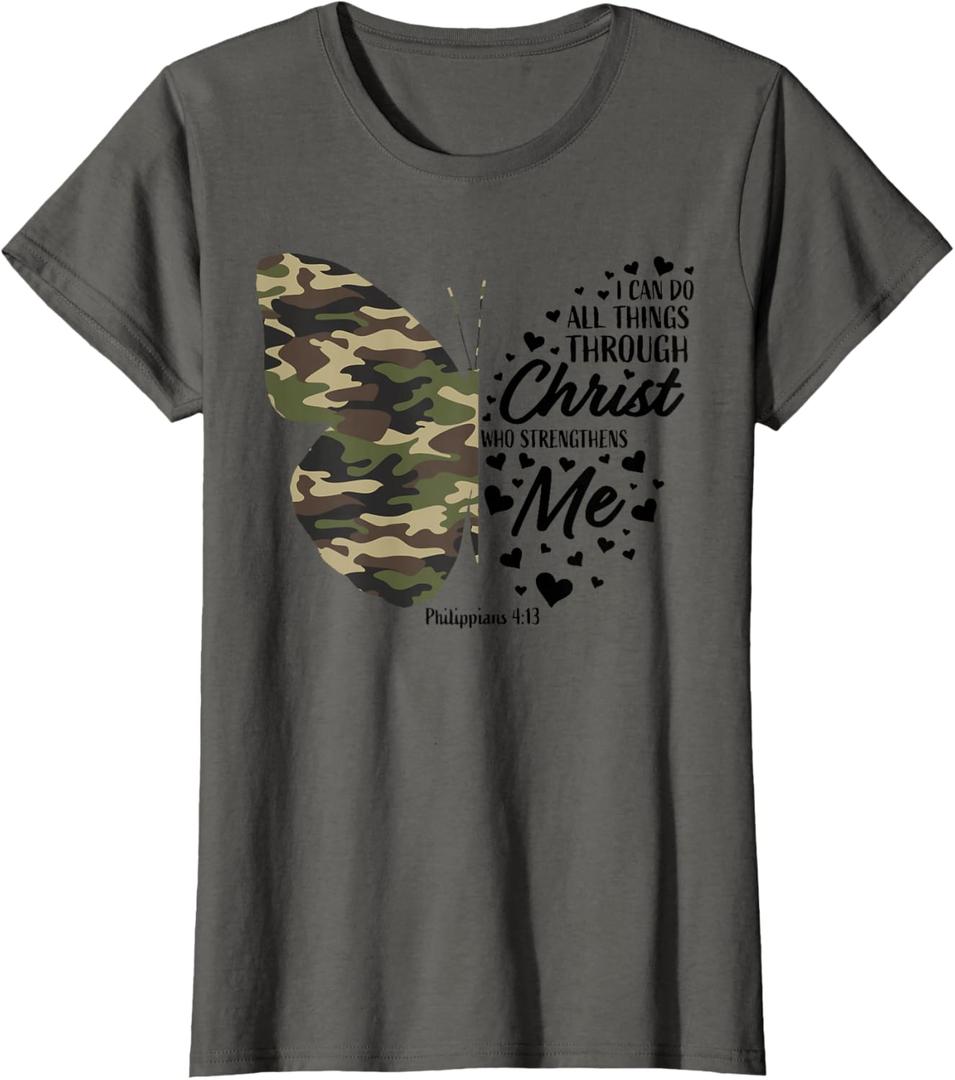 Cute Green Military Camo Butterfly Christian Religious Verse T-Shirt (X-Small)