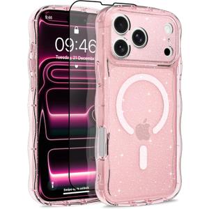 MOWIME Magnetic Case for iPhone 17 Pro Max [Compatible with Magsafe] [Cute Wave Glitter Design] [1 Screen Protector] Slim Soft TPU Clear Bling Case for iPhone 17 Pro Max 6.9" 2025, Pink