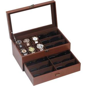 AUTOARK Leather & Velvet 6 Watch Box Jewelry Case and 9 Piece Eyeglasses Storage and Sunglass Glasses Display Drawer Lockable Case Organizer,Coffee,AW-178