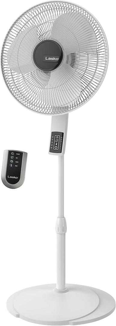 Lasko Oscillating Pedestal Fan, Thermostat, Adjustable Height, Remote Control, Timer, 4 Speeds, for Bedroom, Living Room, Office & Dorm, 16", White, S16614