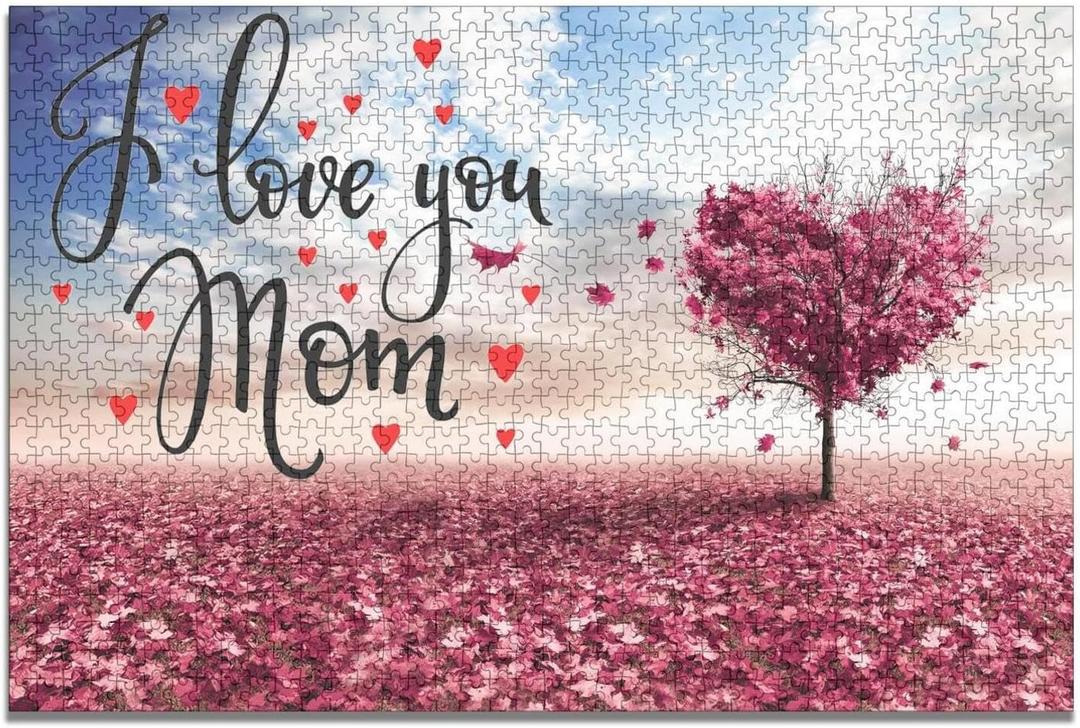 Mother's Day I Love You Mom Jigsaw Puzzle for Adults 1000 Pieces Maple Leaves Heart Mom/Grandmother Mother Birthday/Christmas/Thanksgiving Day Gift Puzzles Home Wall Decor 20''x 30''