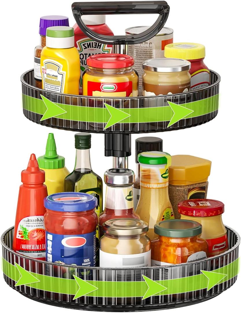 2 Tier Lazy Susan Turntable Organizer with Handle, 11.42'' Rotating Spice Rack Organization for Cabinet, Kitchen, Pantry, Countertop, Bathroom, Vanity, Gray