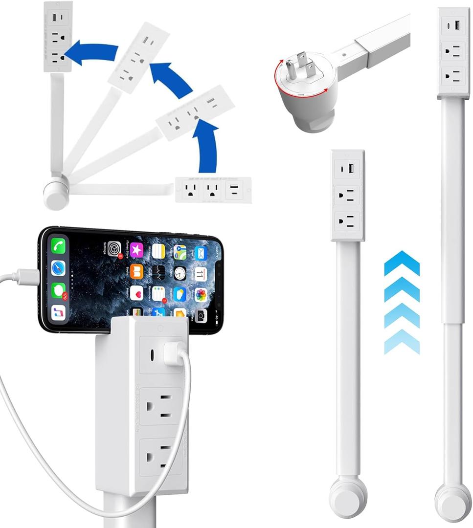 Extendable Outlet Extender Stick with 180 Rotating Flat Plug, 28" Telescoping Power Strip with 2 AC Outlets, USB C & USB A Ports, Behind Couch Outlet Expander for Home, Office, Nightstand